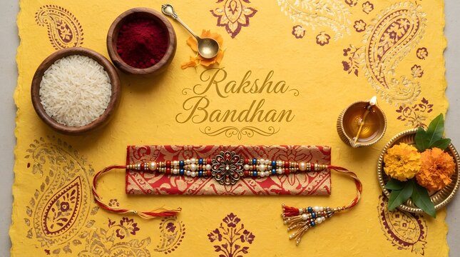 Raksha bandhan festival celebration concept with rakhi, rice, kumkum, oil lamp, and marigold flowers on a yellow background