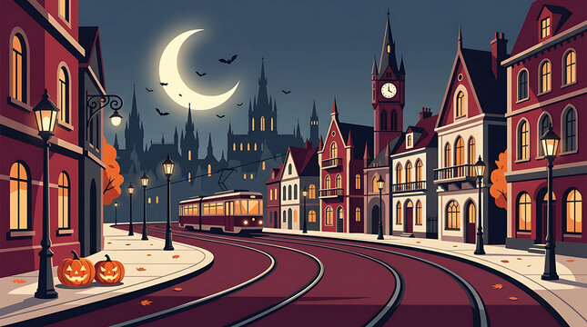 Halloween cityscape with tram, crescent moon and jack-o-lanterns