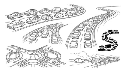 Obraz premium Highway Traffic Jam Collection with Cars Congestion Roads Interchanges and Motorway Transportation Scenes.