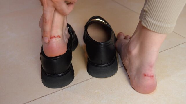 Woman touching painful blisters and calluses on her feet after wearing uncomfortable new black shoes, showing the skin abrasion, foot injury and discomfort from friction on the heel vertical video