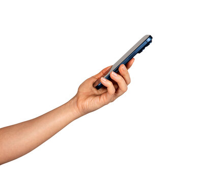 Side view of female hand holding smartphone isolated on white background. Mobile payment.