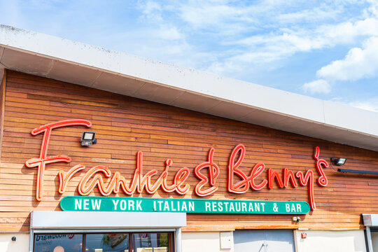 Birmingham, UK - August 14 2026: Building signage of restaurant company Frankie and Benny, an American Italian food outlet