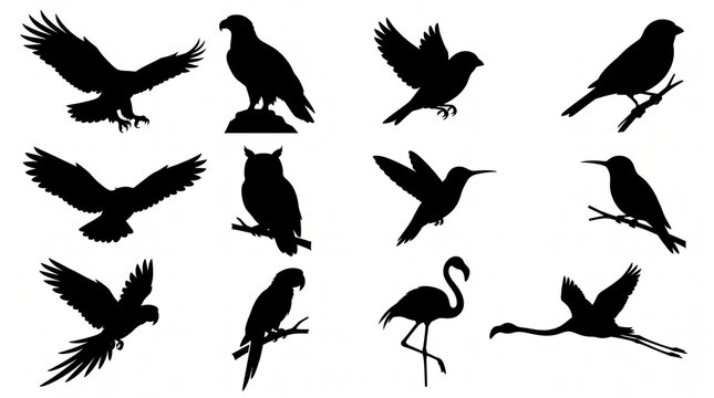 Set of various bird silhouettes in flight and perched poses for graphic design projects