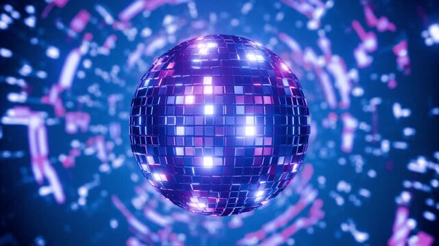 A neon-lit disco ball spins in the dark. Glittering reflections and shimmering light patterns create the atmosphere of a party, club, retro dance, or show.