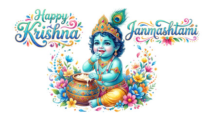 Naklejka premium Happy krishna janmashtami lettering with baby krishna eating butter isolated on transparent background