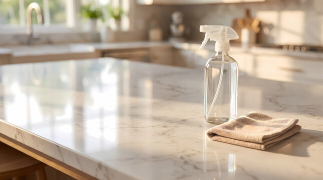 Spray bottle and microfiber cloth on clean marble kitchen island countertop during sunset