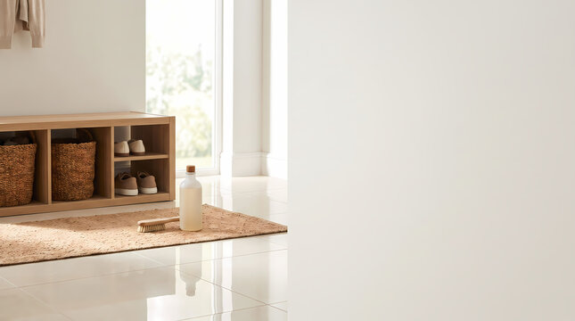 Bright and clean laundry room with storage shelves, a rug, and cleaning supplies on a sunny day