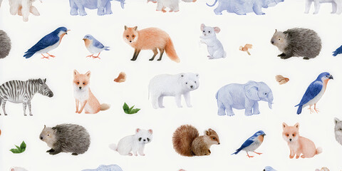 Naklejka premium The Animals That Gather In Soft Watercolor As Gentle Creatures Form One Calm Patterned World