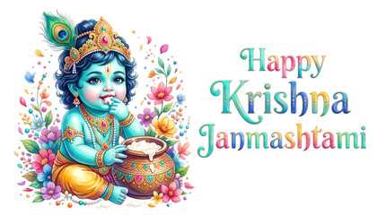 Naklejka premium Happy krishna janmashtami greeting card with baby krishna eating butter isolated on transparent background