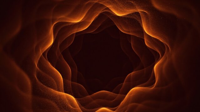 Abstract tunnel with orange glowing particles and fluid waves for digital motion background.