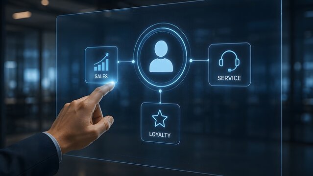 A business professional interacting with a futuristic digital interface showing customer service and user experience icons