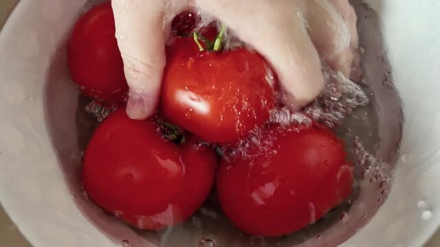 Close-up of hands washing fresh red tomatoes in a glass bowl filled with splashing water, top view