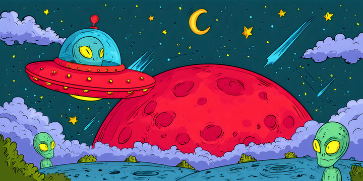 The Planet That Spins In Neon Space As Rings Glow And Stars Scatter Across A Cosmic Cartoon Sky, ai generated.