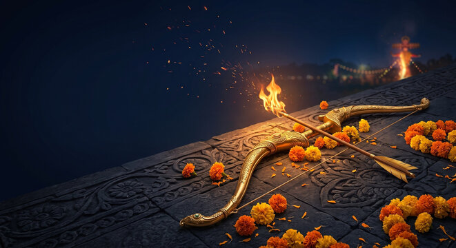 Traditional Dussehra Vijayadashami concept ornate golden bow with flaming arrow on carved dark stone altar adorned with marigold garlands for victory of good, blue background with copy space
