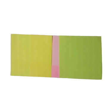 Three folded paper rectangles in pastel shades of pink yellow and green on a black background