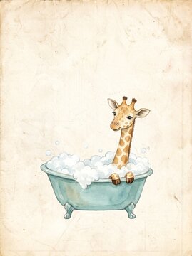 Cute Watercolor Giraffe in Bathtub with Soap Bubbles Illustration