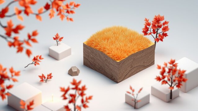 Minimalist scene. Orange foliage, wooden cube, white blocks. Soft lighting creates calm autumn aesthetic. Simple geometry dominates composition.