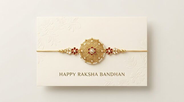 Elegant greeting card for raksha bandhan featuring an intricate golden rakhi with pearls and red accents, accompanied by the text happy raksha bandhan