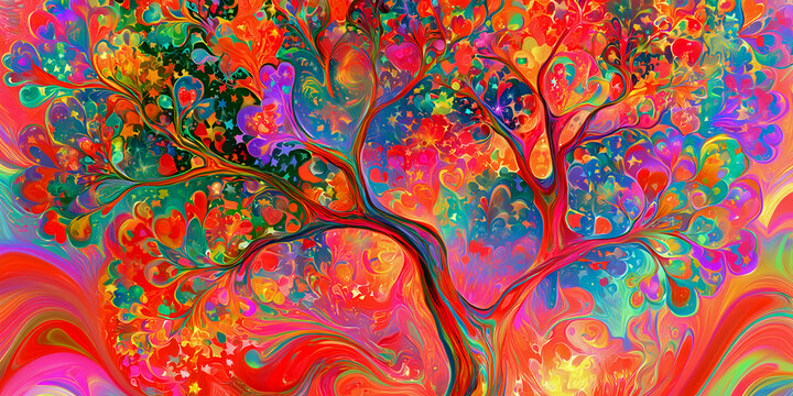 The Tree That Glows In Painted Color As Heart Leaves Rise And Swirl Through A Dreaming Sky, ai generated.