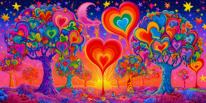 The Tree That Glows In Painted Color As Heart Leaves Rise And Swirl Through A Dreaming Sky, ai generated.