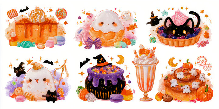 The Treats That Gather In Halloween Magic As Cute Ghosts And Pumpkins Sweeten A Spooky Dessert Spread, ai generated.