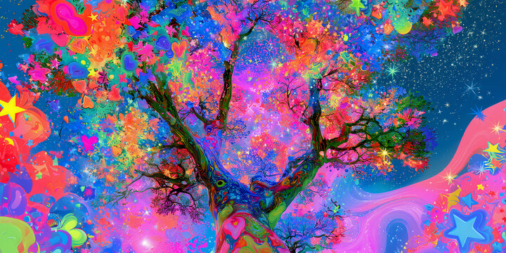 The Tree That Glows In Psychedelic Color As Neon Branches Rise Through A Dreaming Cosmic Sky, ai generated.