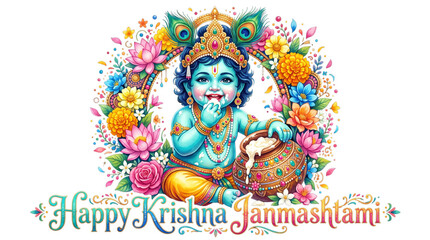 Naklejka premium Happy krishna janmashtami cute baby krishna with peacock feathers and flowers isolated on transparent background