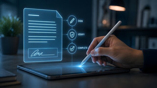 Business person using a stylus to sign a digital contract on a tablet with holographic document interface