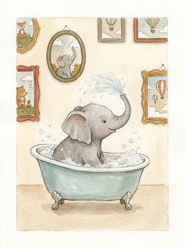Cute Baby Elephant Taking a Bath Watercolor Illustration