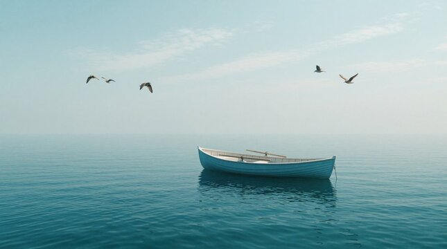 White rowboat floats on calm teal lake under hazy sky with birds flying. Serene water reflection, peaceful morning mist, empty boat drifting.