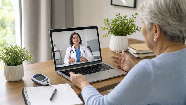 Online consultation with doctor and elderly patient engaging during telehealth session, diabetes management assistance with insulin instructions and glucose monitoring.