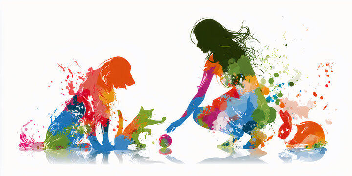 The Moment That Plays In Painted Motion As Human And Animals Gather In One Bright Abstract Scene, ai generated.
