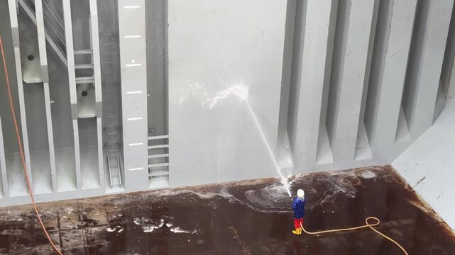 ship cargo compartment washing by crew.
