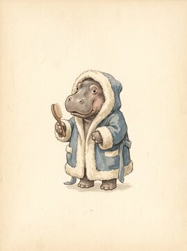 Cute Hippo in Blue Bathrobe Holding a Hairbrush Illustration