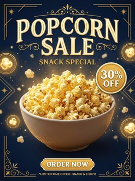 Bowl of fluffy popcorn with golden sparkles during a festive sale announcement