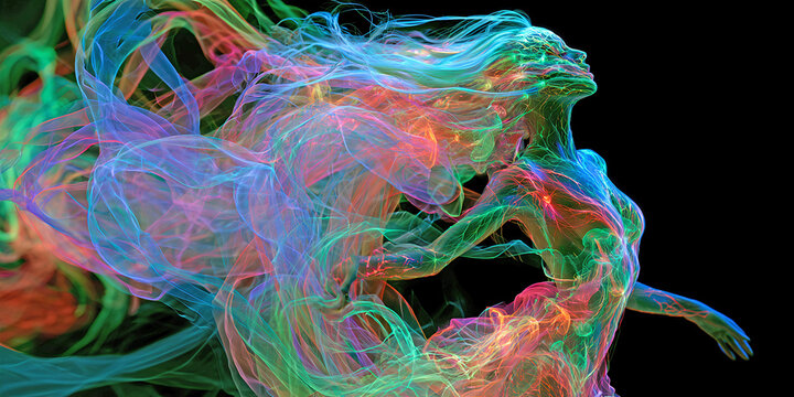 The Figure That Moves In Living Light As Color Trails Rise And Dance Through A Dark Endless Space, ai generated.