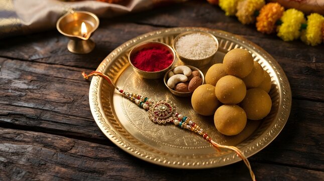 Raksha bandhan festival thali with rakhi, yellow laddoo sweets, roli, rice, dry fruits, and lit diya on rustic wooden background