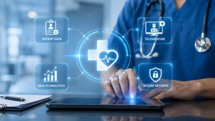 Obraz premium Medical professional using a tablet with digital healthcare interface icons for patient data management and analysis