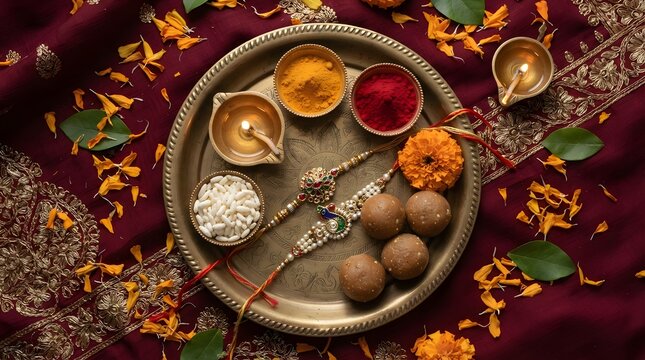Raksha bandhan festival thali with rakhi, sweets, roli, turmeric, and lit diya on dark red cloth with marigold flowers