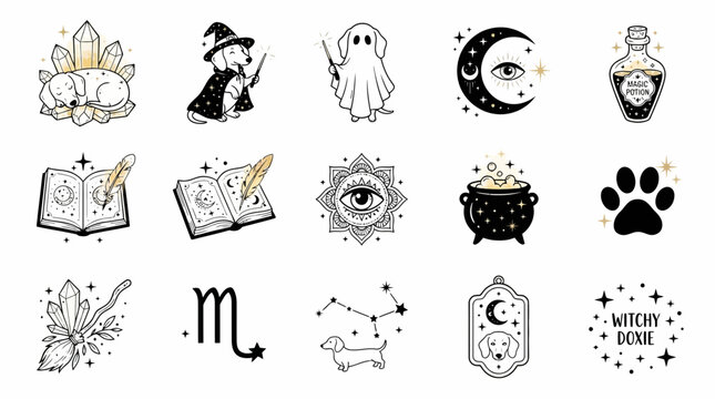 Hand-drawn witchy icons set. Accordion, ghost, cauldron, moon, book, stars