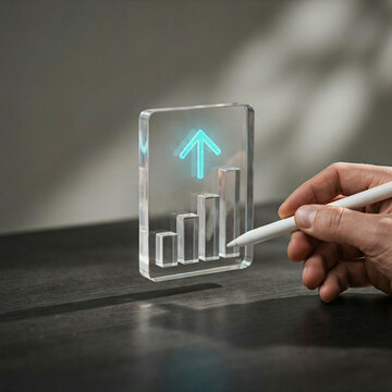 Futuristic glass bar chart with glowing arrow, financial growth and business success concept, hand pointing at data visualization
