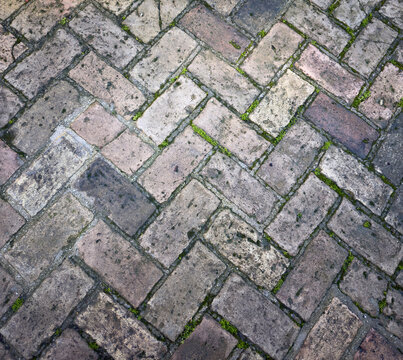 Weathered stone pavement with green moss between uneven pavers texture background, view from above