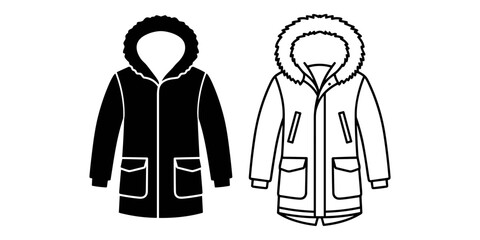 Two winter parka jackets with fur hoods, solid silhouette and line outline coat © Md Eyasin