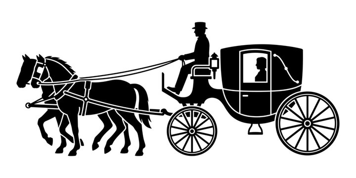 Black silhouette of a horse-drawn carriage with a coachman on a white background