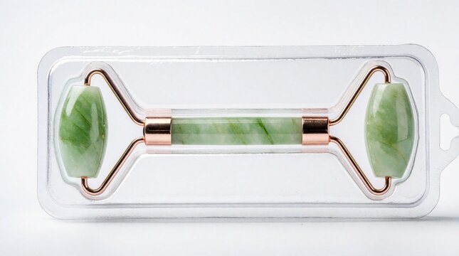 Green jade facial roller in clear retail packaging. This beauty tool is for facial massage, anti aging, and skincare routines. Ideal for spa treatments or home use.