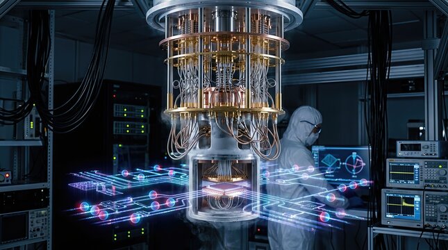 Cryostat system containing an advanced quantum computing processor, illustrating future technology development within sophisticated laboratory infrastructure.