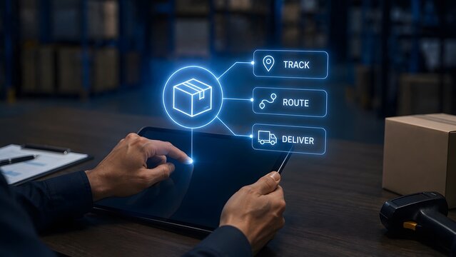 Warehouse worker using digital tablet to track parcel delivery status with augmented reality logistics interface overlay display