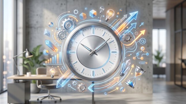 Time is Money: A surreal, futuristic clock is surrounded by an explosion of business icons, graphs, lightbulbs, and gears, symbolizing the fast-paced.