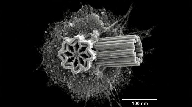 Centriole microtubule barrel structure, nanometer scale electron micrograph showing centrosome organelle component, essential protein assembly regulating eukaryotic cell division cycle.