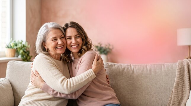 Generational Embrace: A grandmother and granddaughter share a tender hug, their smiles radiating warmth and affection, showcasing the beautiful bond between generations in a cozy home setting.